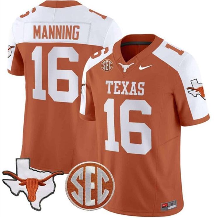 Youth Orange/White Texas Longhorns #16 Peyton Manning Map & SEC Patch F.U.S.E. Stitched Jersey